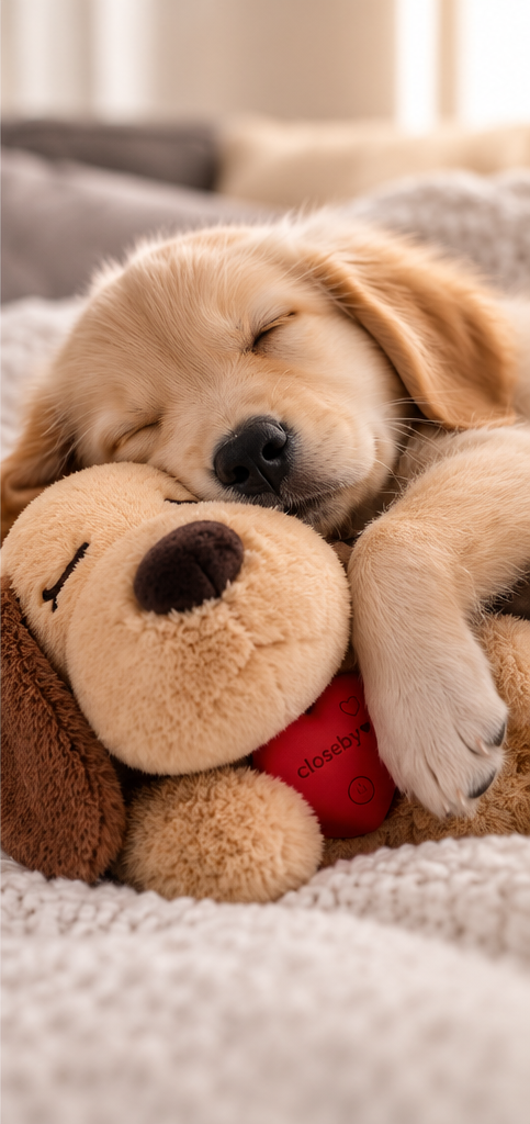 A puppy asleep against the CloseBy plush